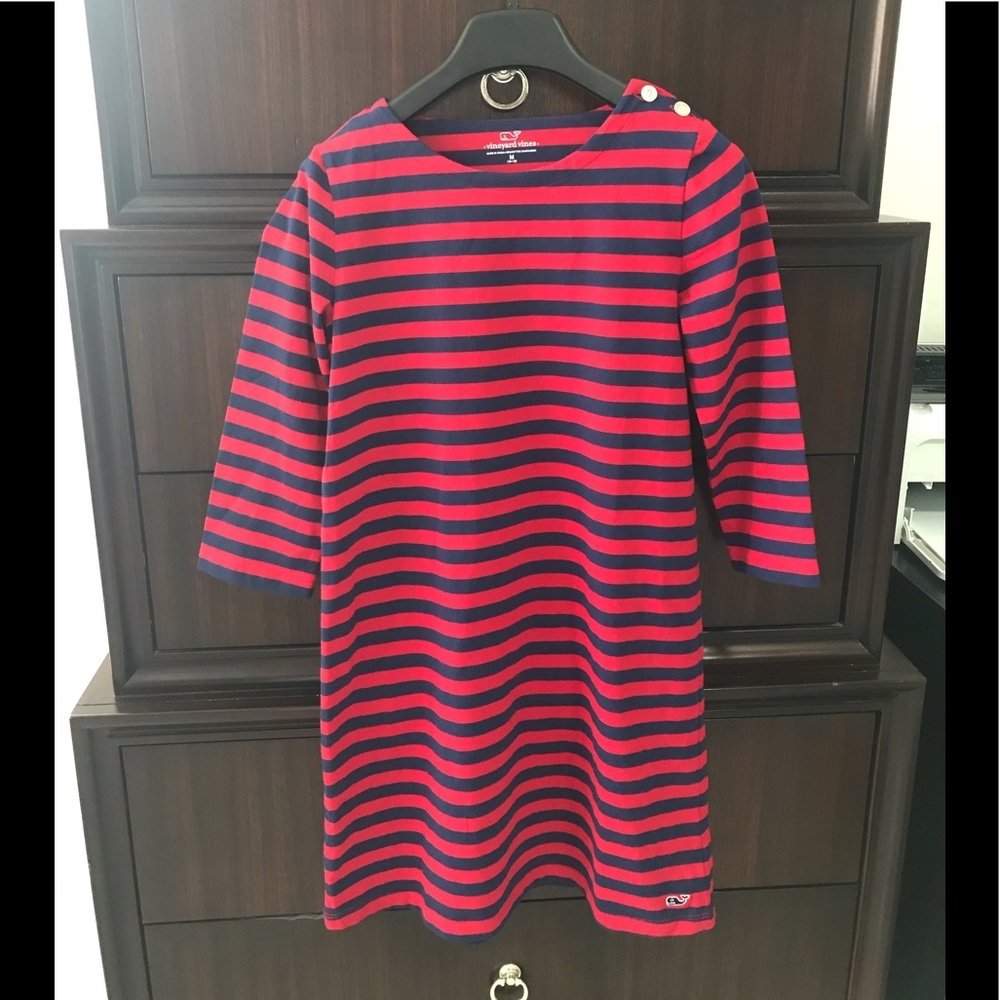 Vineyard Vines Dress Striped Red Navy 3/4 Sleeves